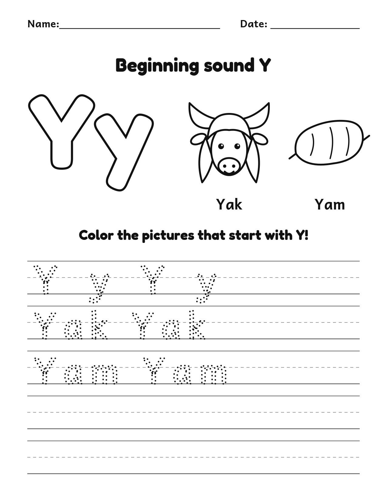 Beginning sound Y alphabet worksheet with yak and yam pictures to color and trace