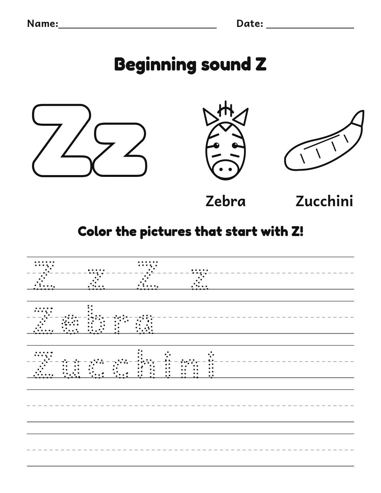 Beginning sound Z alphabet worksheet with zebra and zucchini pictures to color and trace