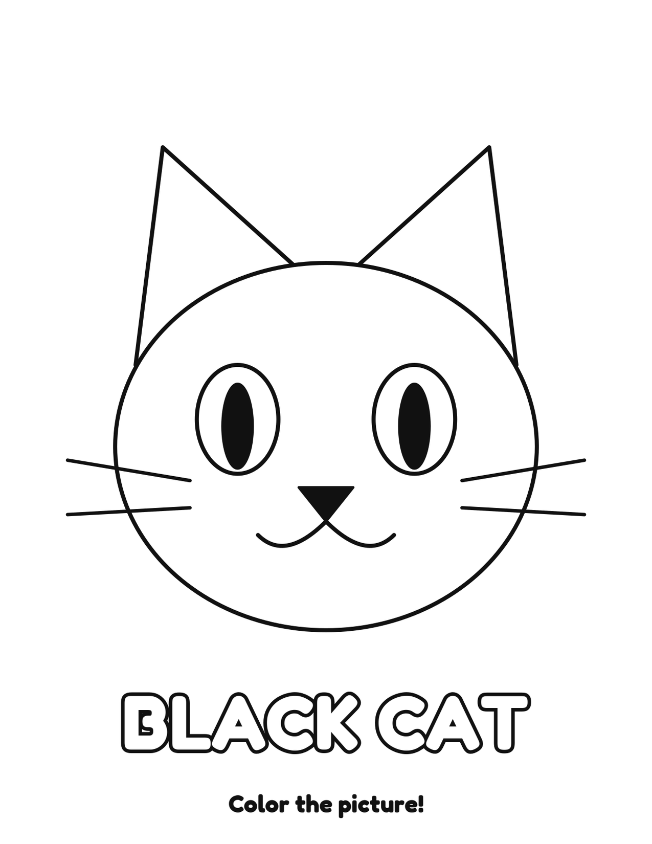 Black cat Halloween coloring page to print and color with the word BLACK CAT