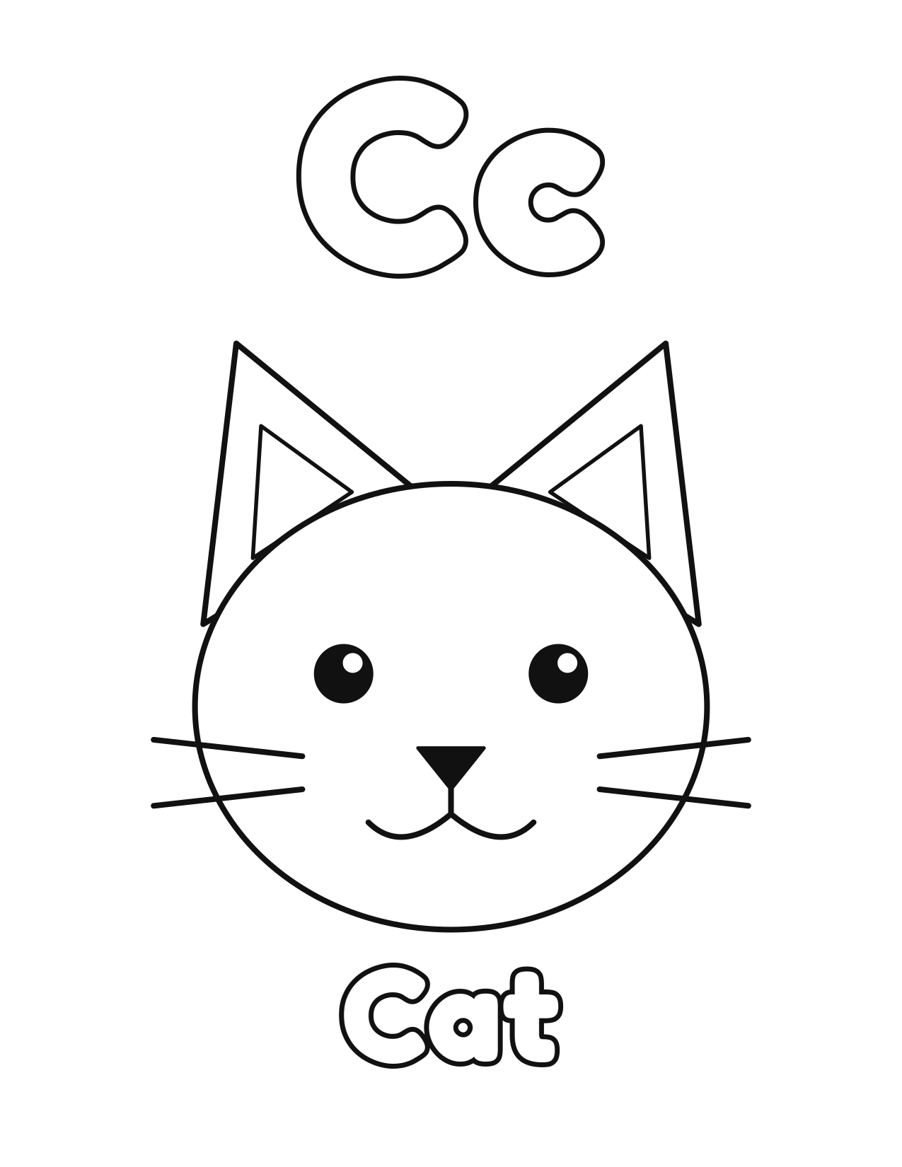 C is for Cat animal alphabet coloring page with a cute cat to color