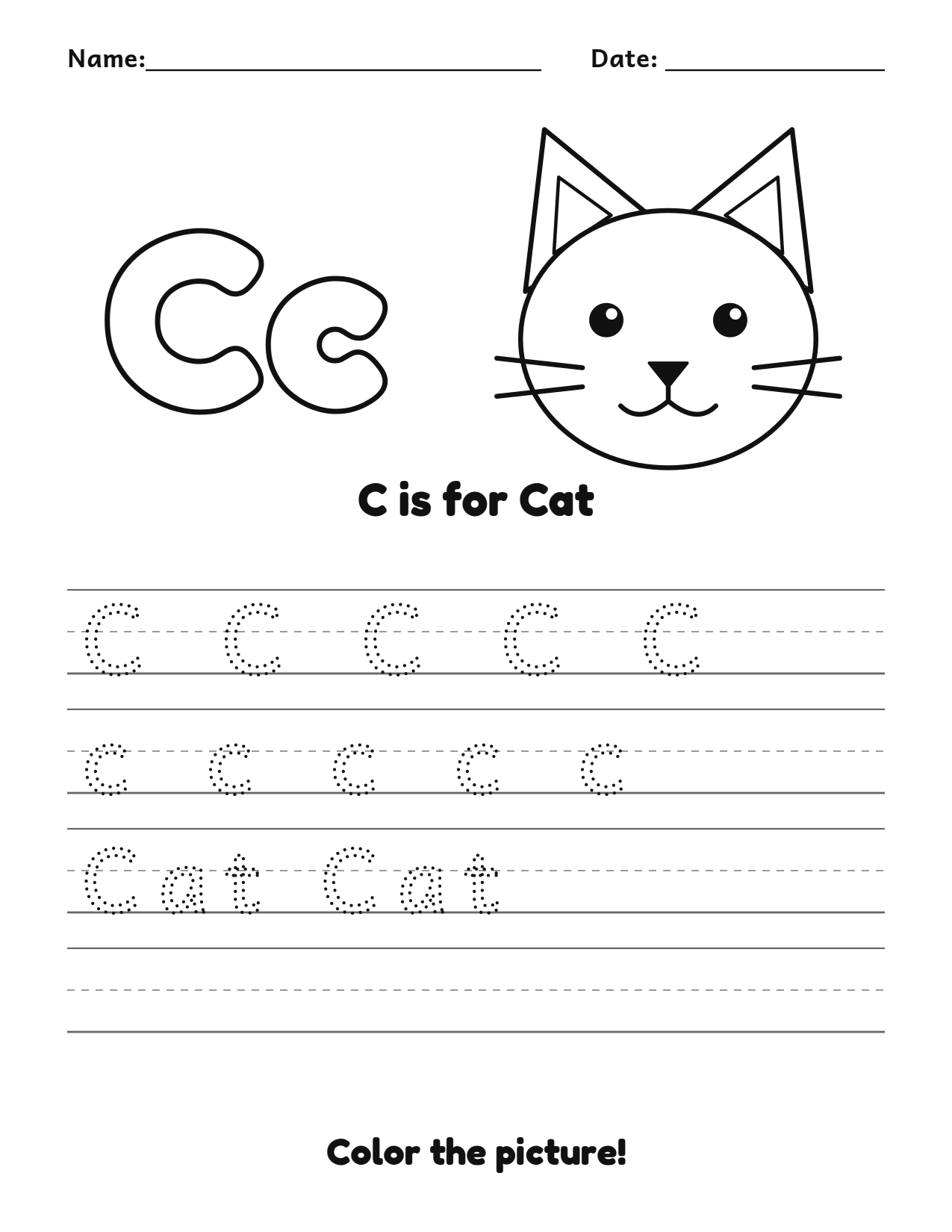 C is for Cat animal alphabet tracing worksheet with a cat picture and writing lines