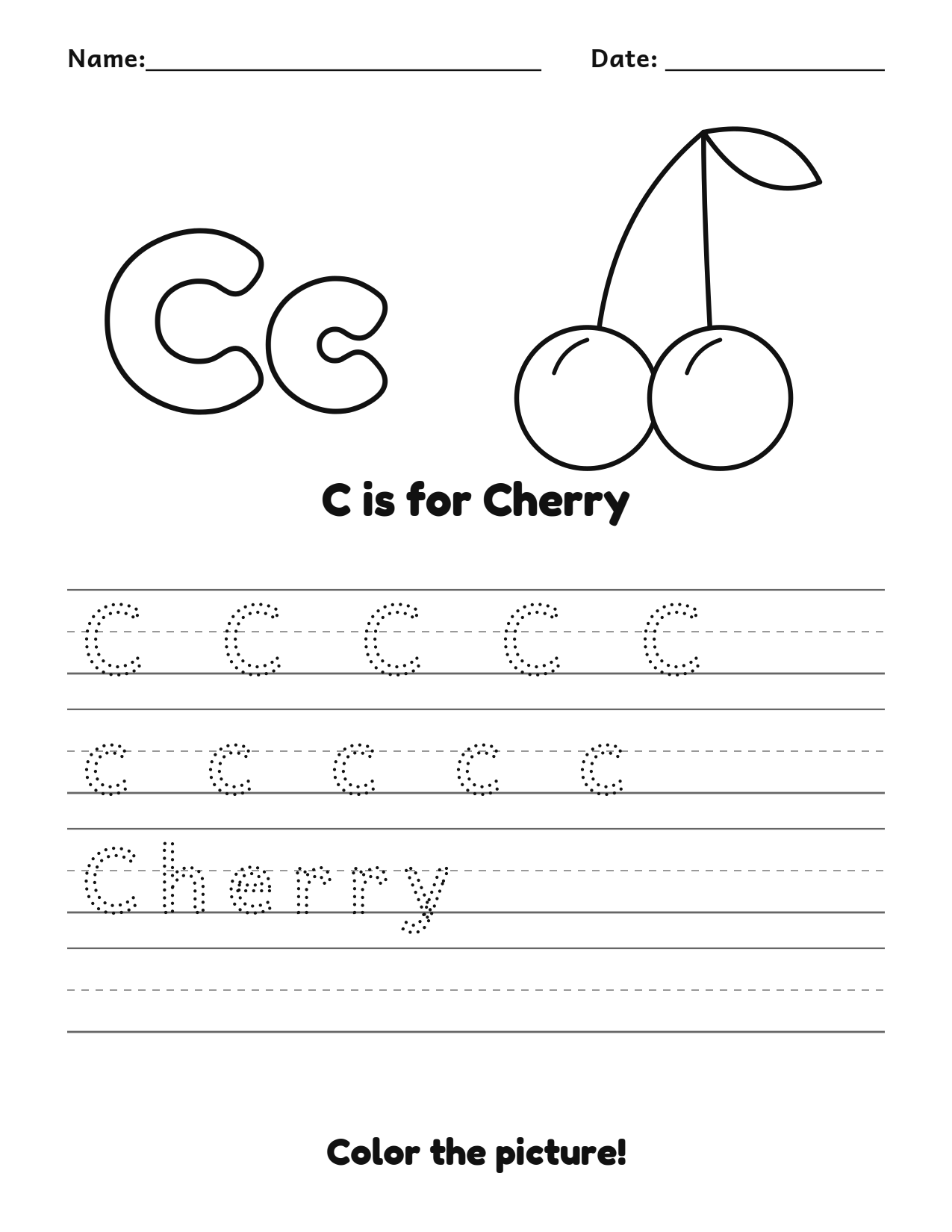C is for Cherry fruit and vegetable tracing worksheet with a cherry picture and writing lines