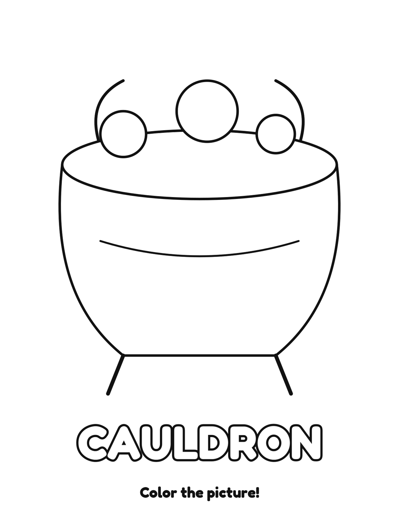 Cauldron Halloween coloring page to print and color with the word CAULDRON