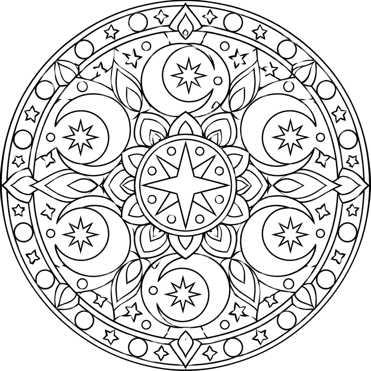 Celestial Crescent Mandala coloring page with intricate patterns to print and color