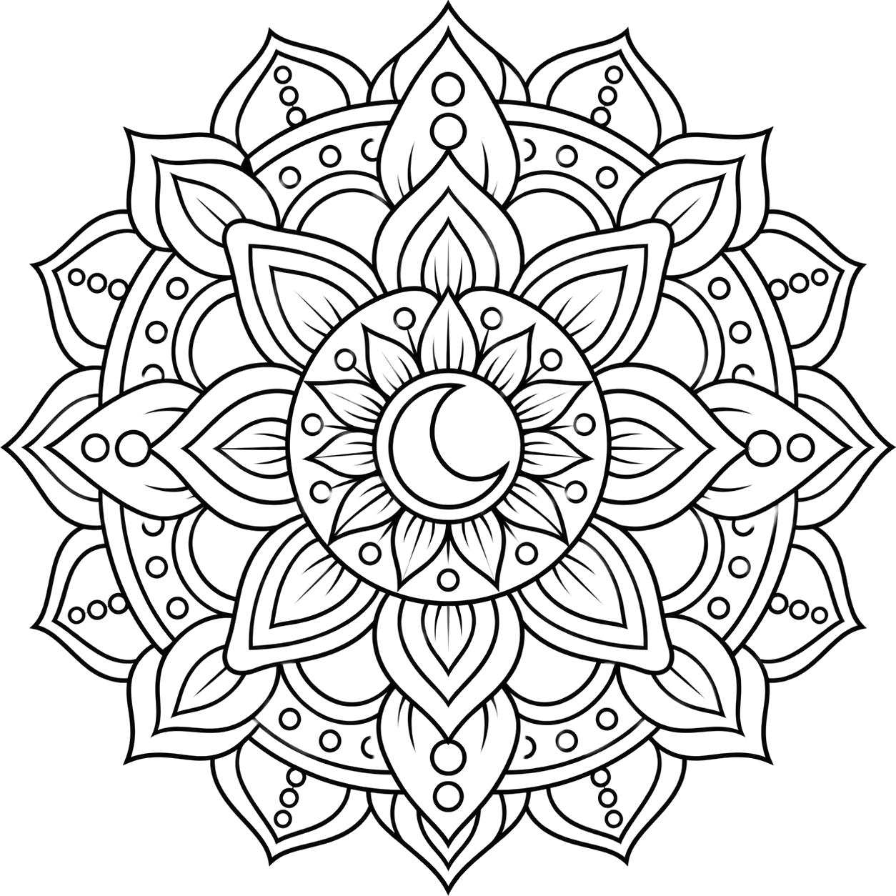 Celestial Lotus Moon Mandala coloring page with intricate patterns to print and color