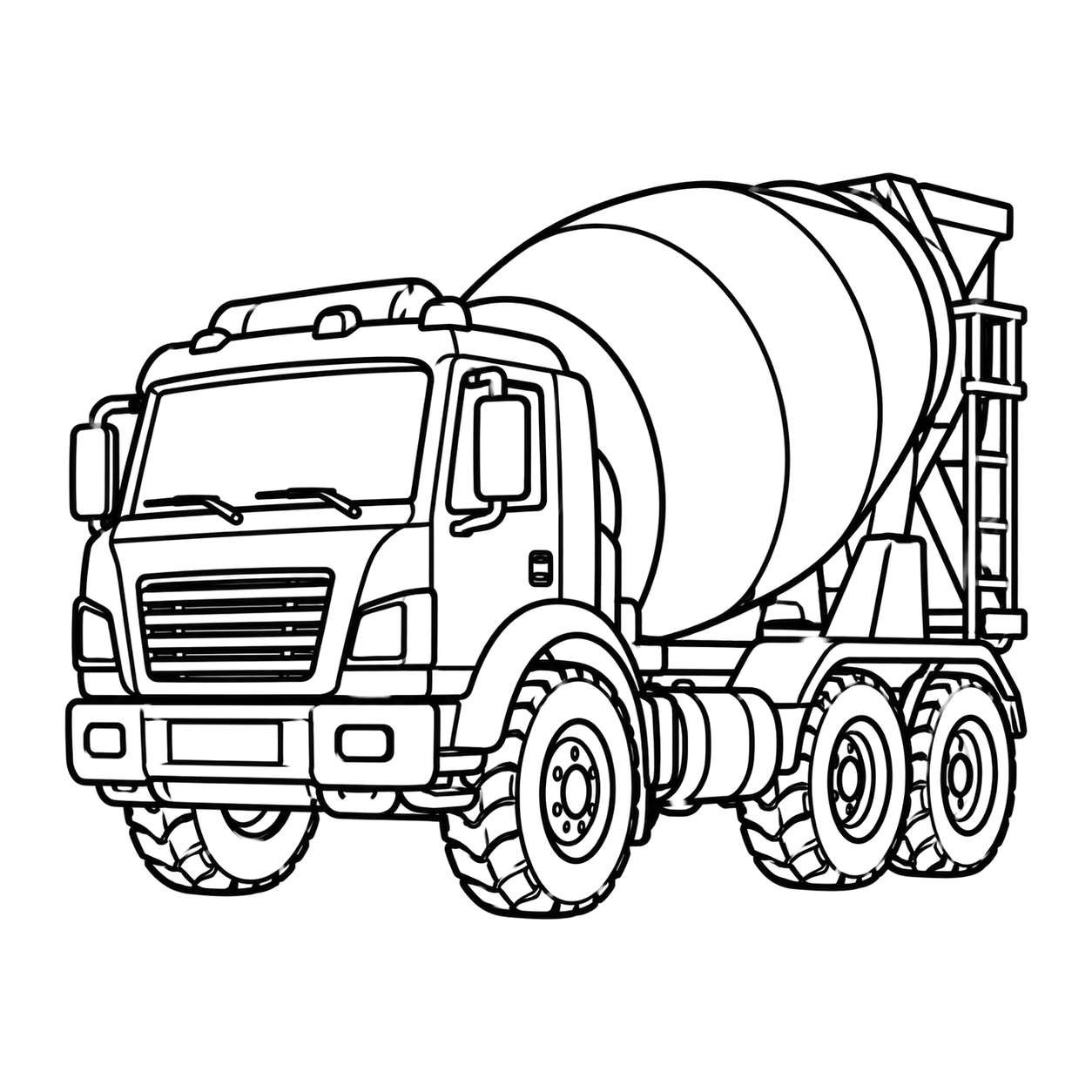 Cement mixer truck coloring page 1: a cement mixer truck with a big rotating drum to print and color