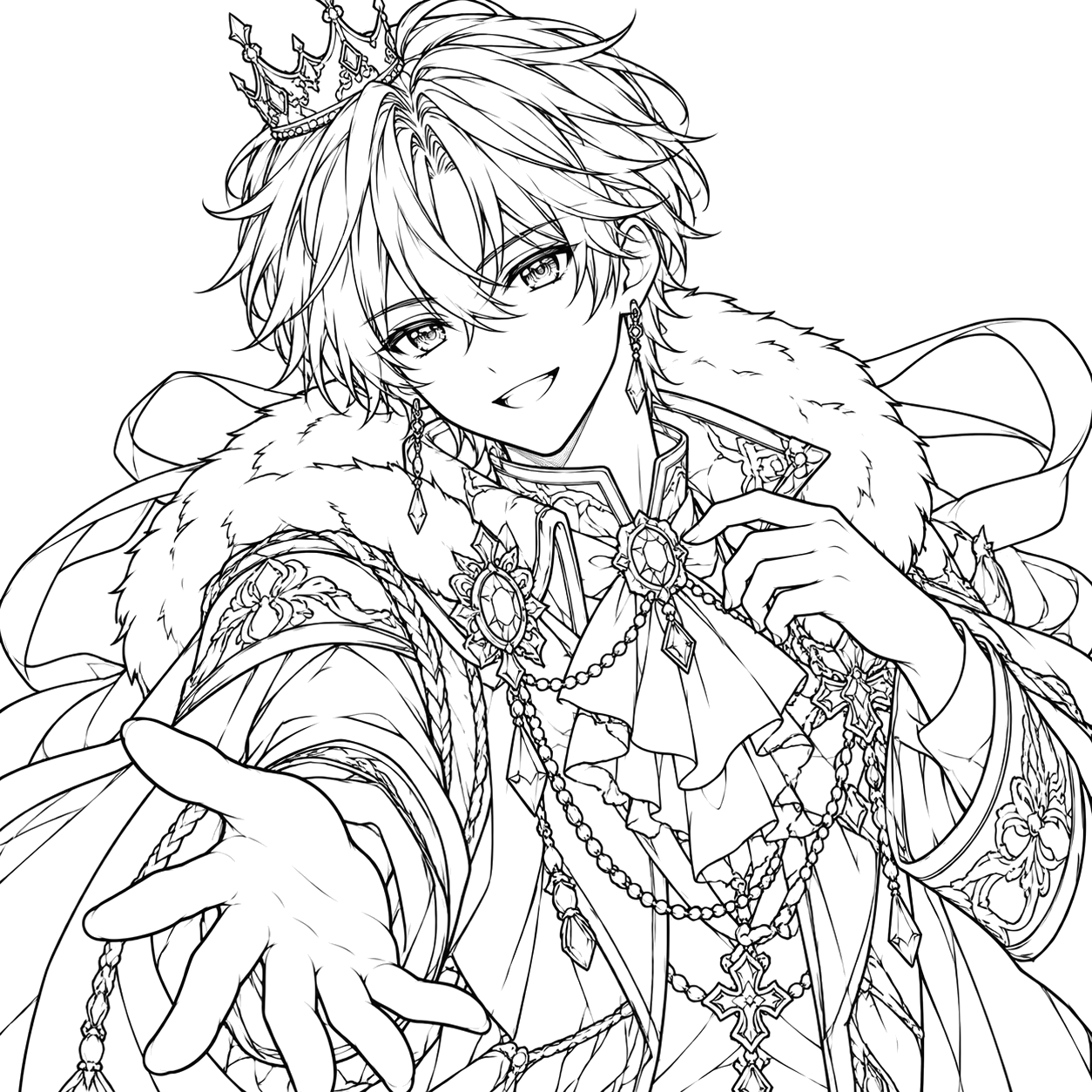 Charming Anime Prince in Regal Attire: anime coloring page with detailed line art to print and color