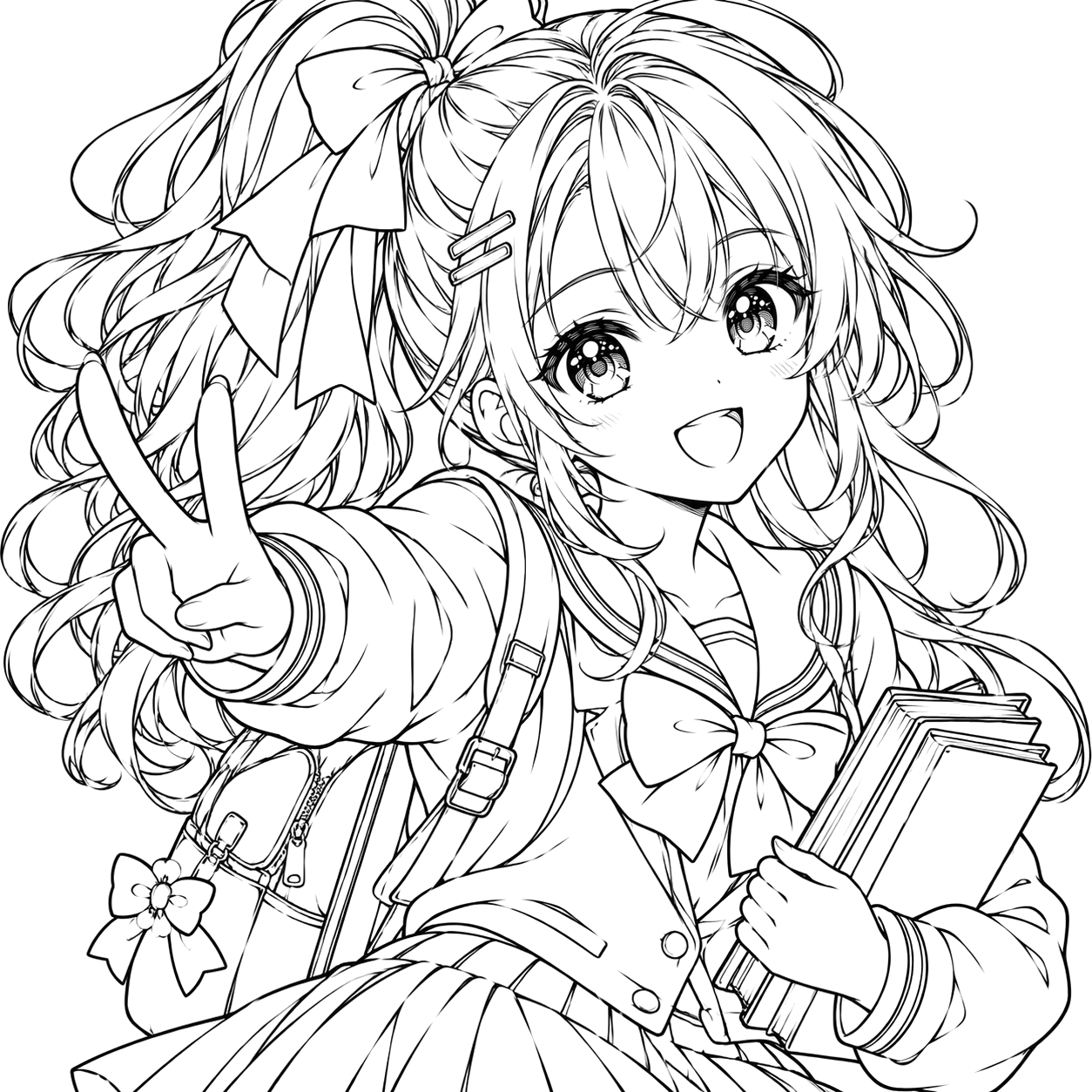 Cheerful Anime Schoolgirl Peace Sign: anime coloring page with detailed line art to print and color