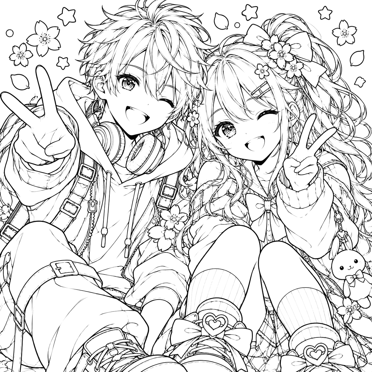 Cheerful Anime Selfie Stars: anime coloring page with detailed line art to print and color