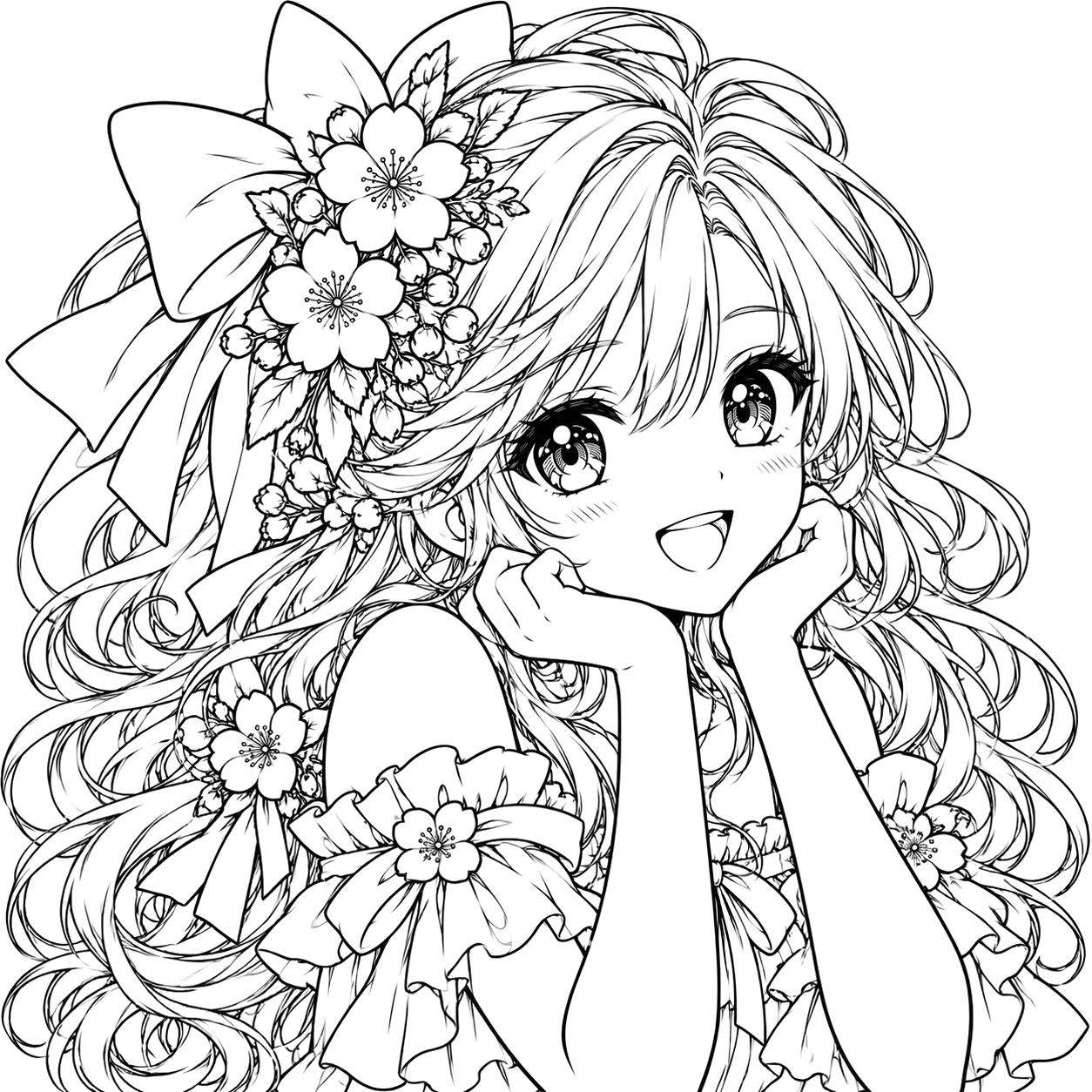 Cheerful Flower-Bowed Anime Girl: anime coloring page with detailed line art to print and color