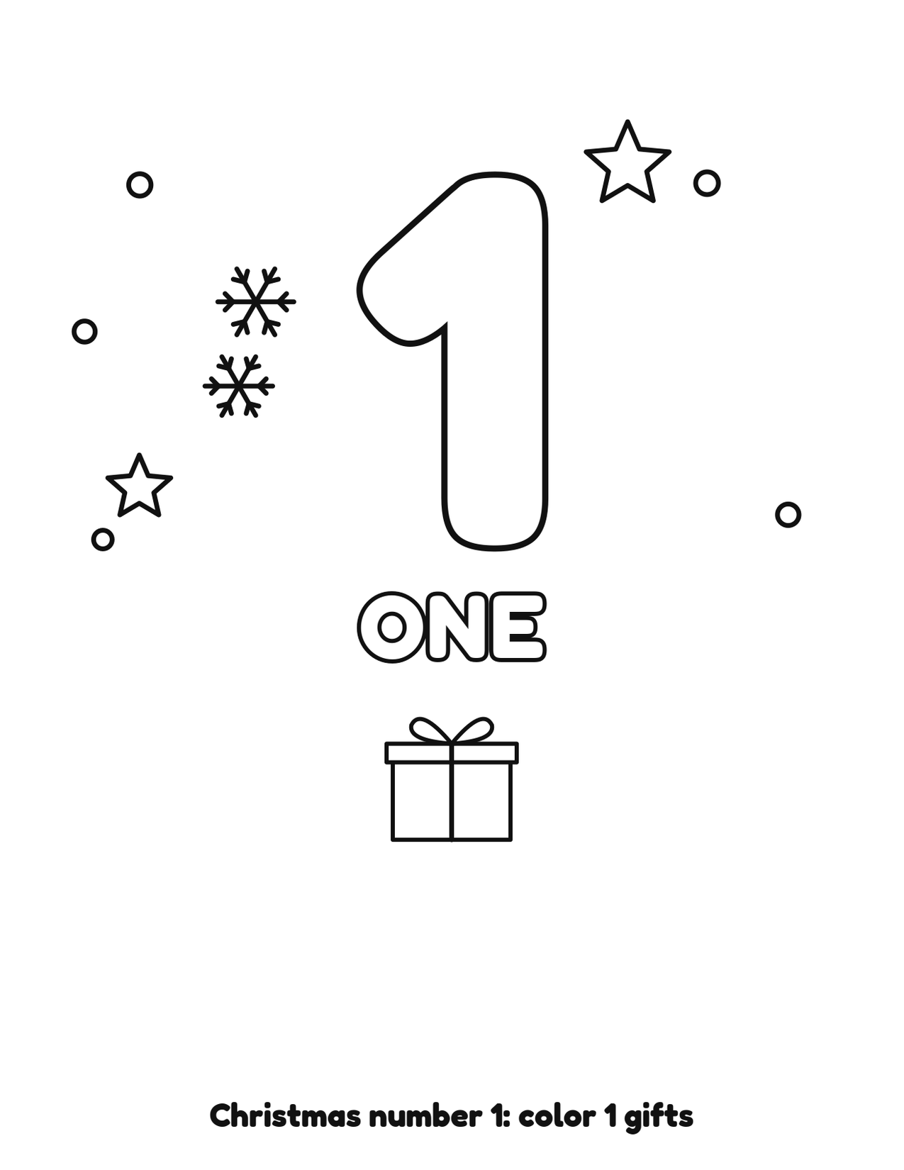 Christmas number 1 (one) coloring page with 1 gifts and snowflakes to color