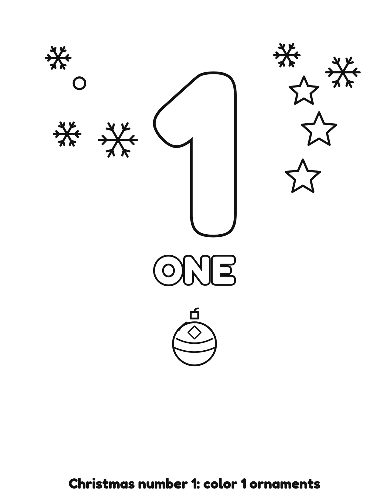 Christmas number 1 (one) coloring page with 1 ornaments and snowflakes to color
