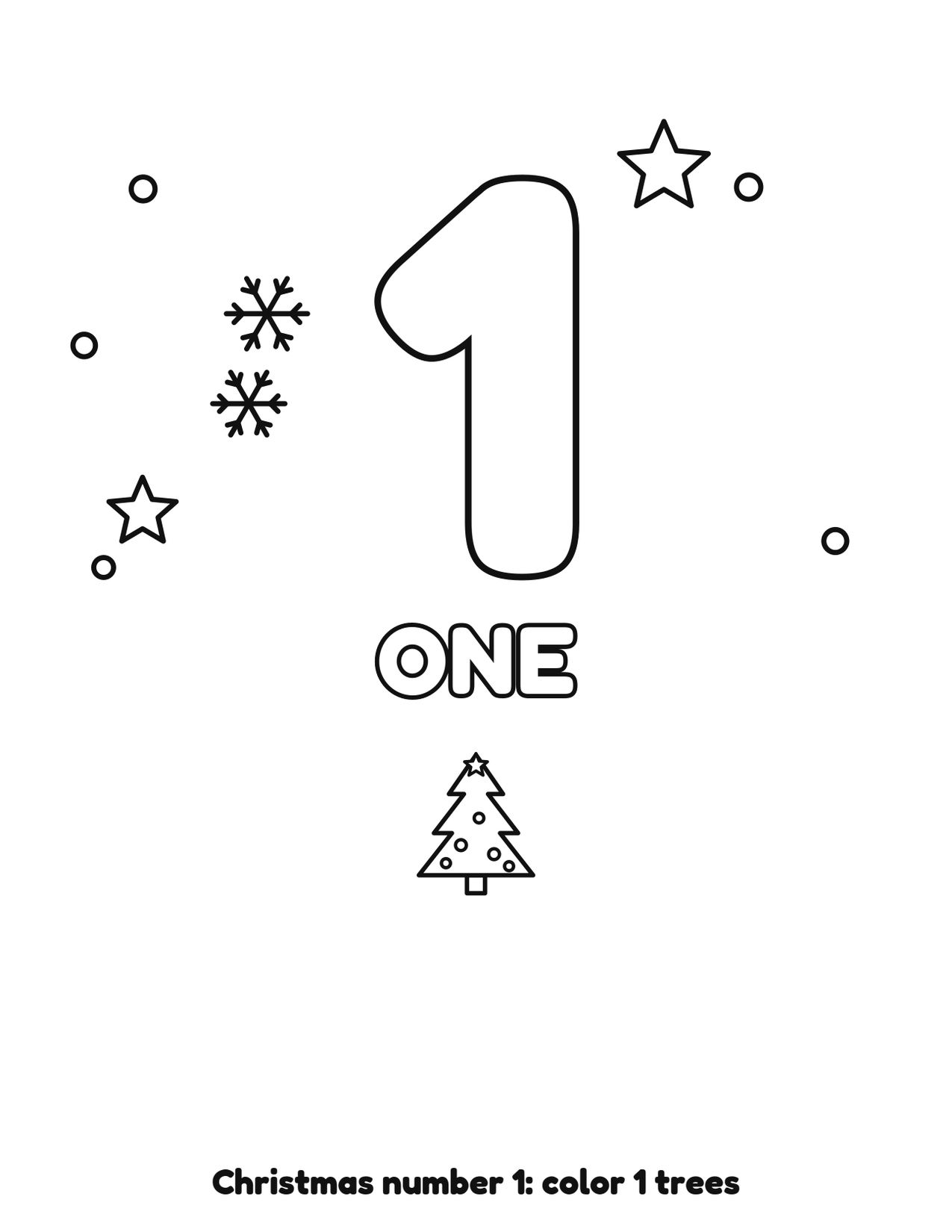 Christmas number 1 (one) coloring page with 1 trees and snowflakes to color