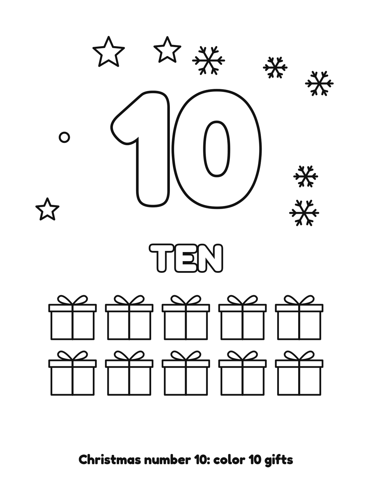 Christmas number 10 (ten) coloring page with 10 gifts and snowflakes to color