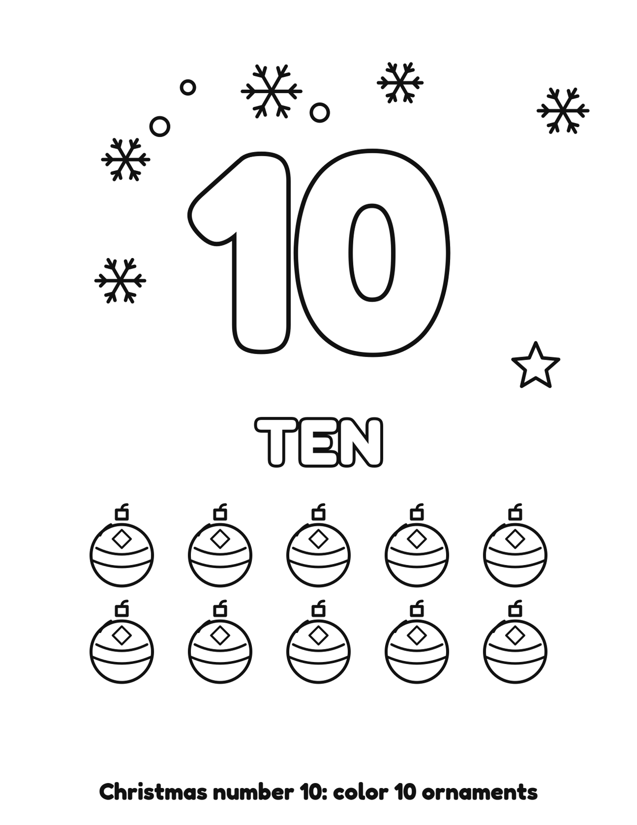 Christmas number 10 (ten) coloring page with 10 ornaments and snowflakes to color