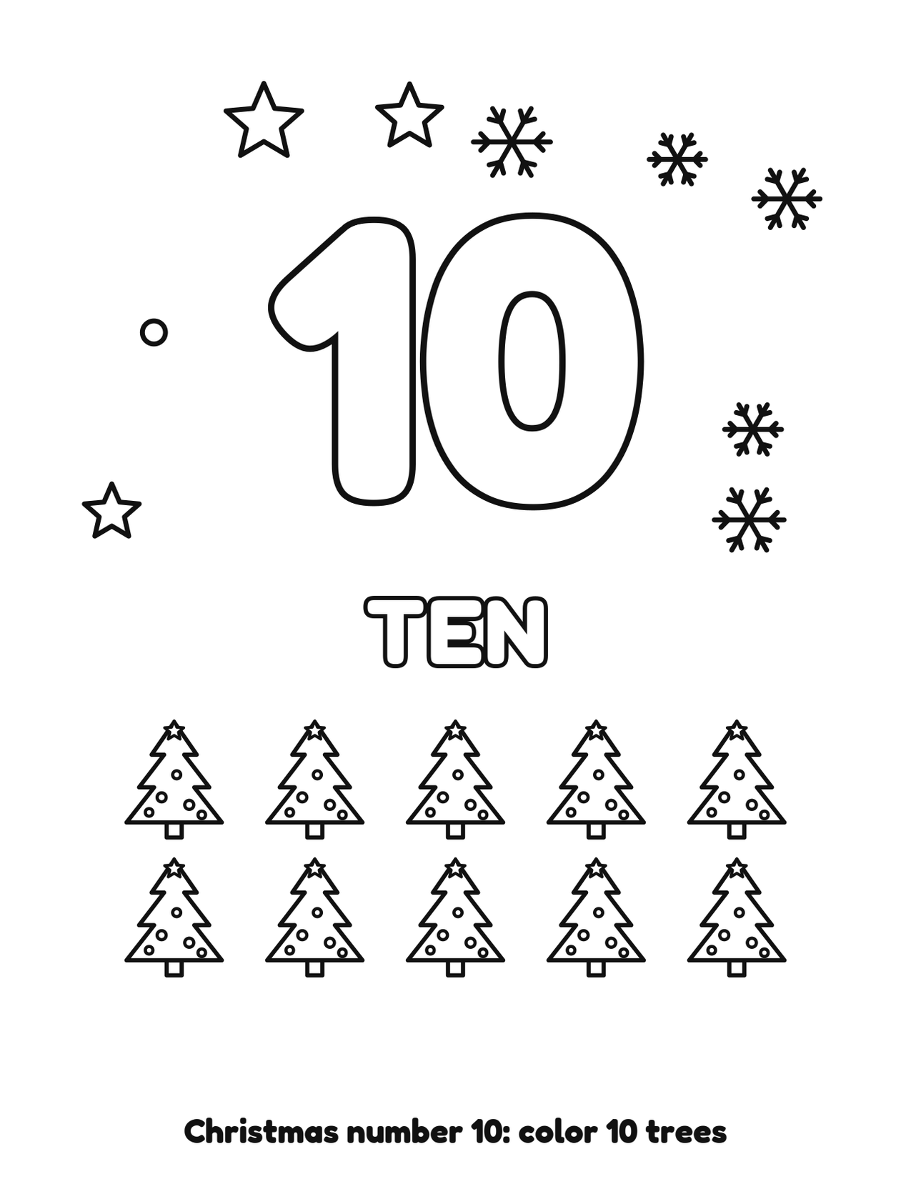 Christmas number 10 (ten) coloring page with 10 trees and snowflakes to color