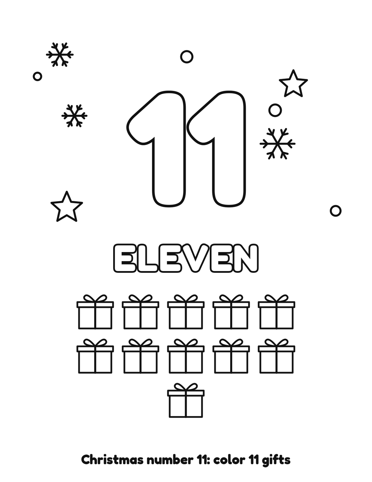 Christmas number 11 (eleven) coloring page with 11 gifts and snowflakes to color