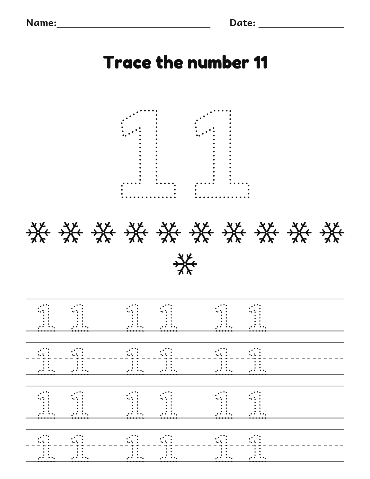 Christmas number 11 (eleven) tracing worksheet with 11 snowflakes and writing lines