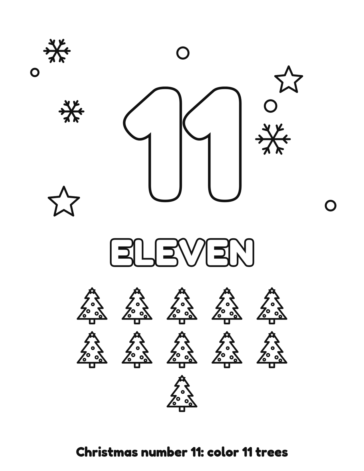 Christmas number 11 (eleven) coloring page with 11 trees and snowflakes to color