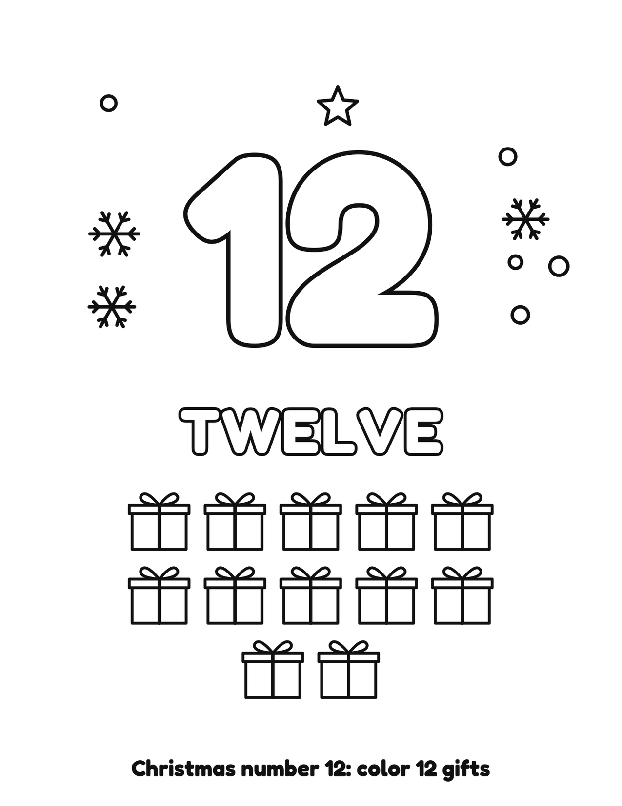 Christmas number 12 (twelve) coloring page with 12 gifts and snowflakes to color