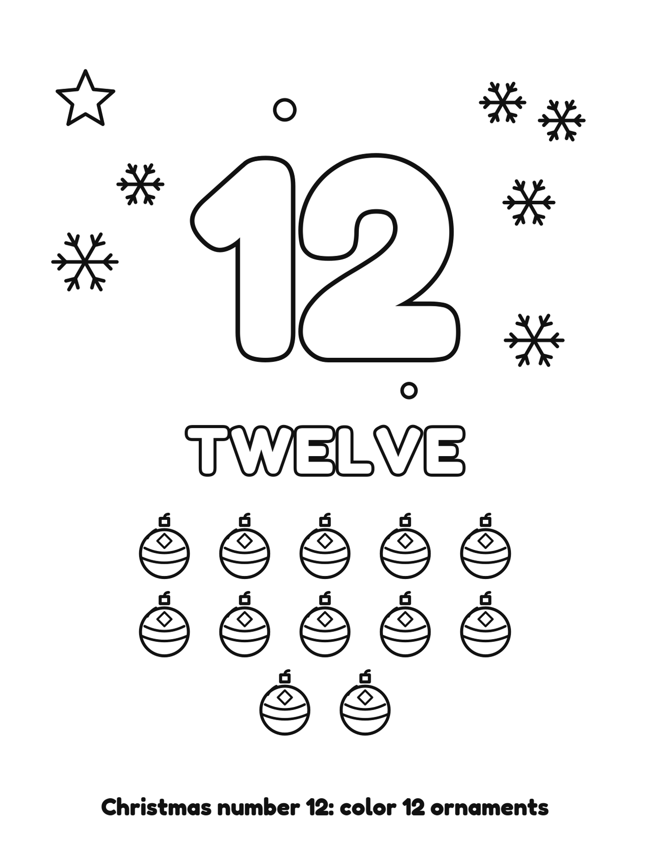 Christmas number 12 (twelve) coloring page with 12 ornaments and snowflakes to color