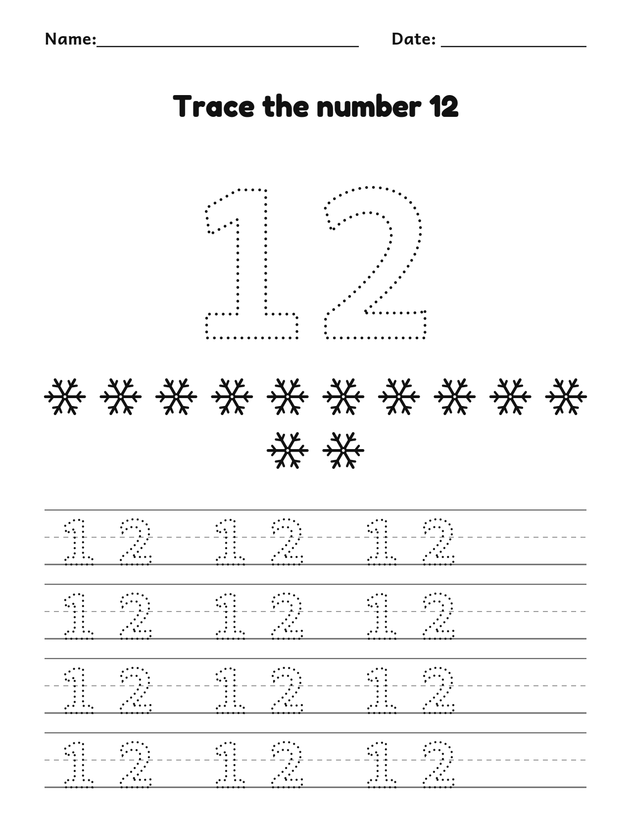 Christmas number 12 (twelve) tracing worksheet with 12 snowflakes and writing lines