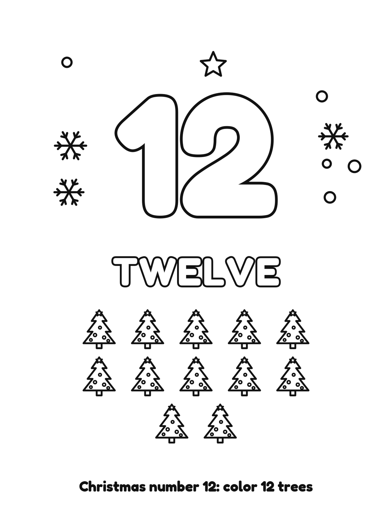 Christmas number 12 (twelve) coloring page with 12 trees and snowflakes to color