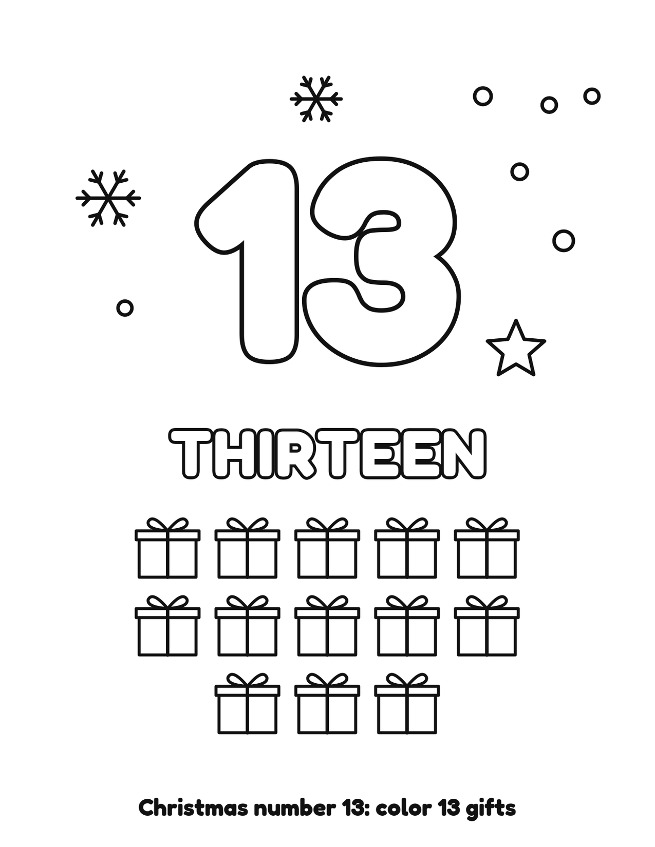 Christmas number 13 (thirteen) coloring page with 13 gifts and snowflakes to color