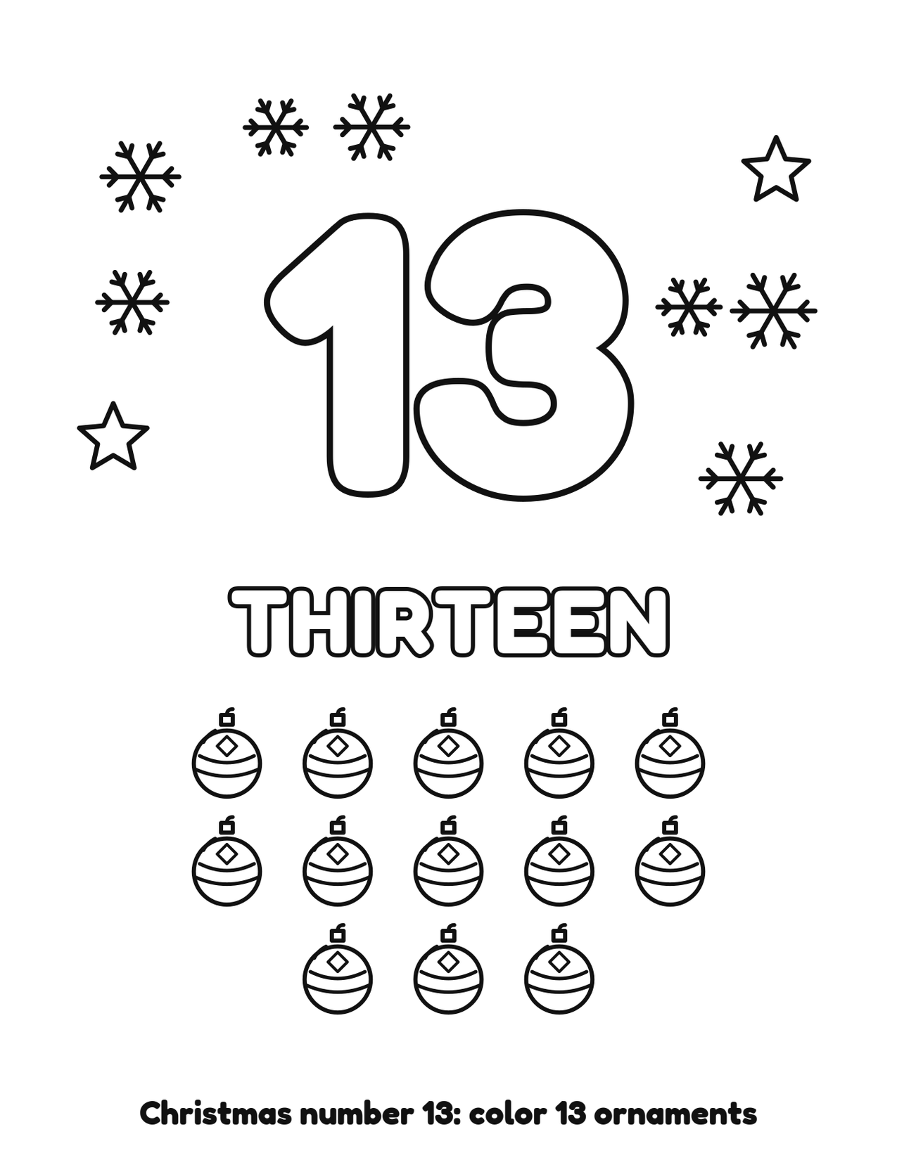 Christmas number 13 (thirteen) coloring page with 13 ornaments and snowflakes to color
