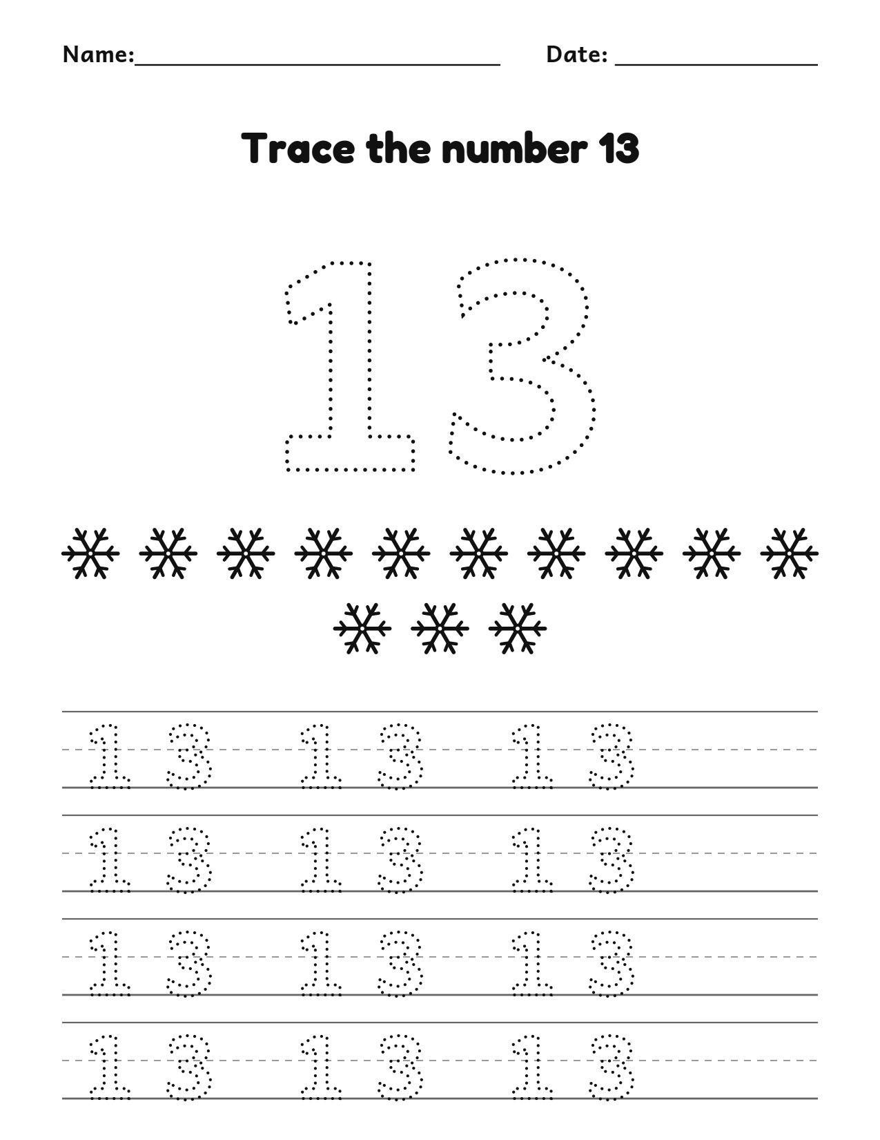 Christmas number 13 (thirteen) tracing worksheet with 13 snowflakes and writing lines