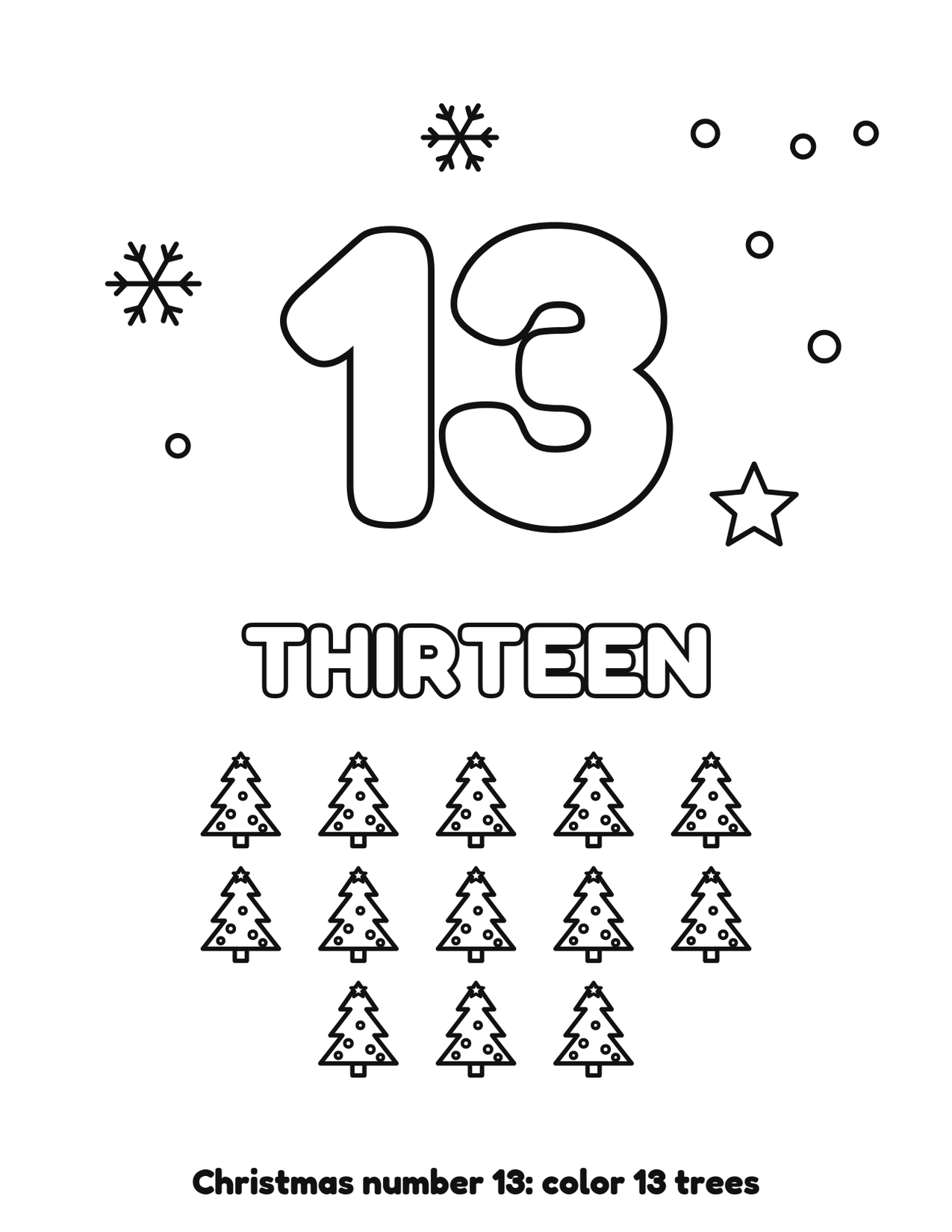 Christmas number 13 (thirteen) coloring page with 13 trees and snowflakes to color