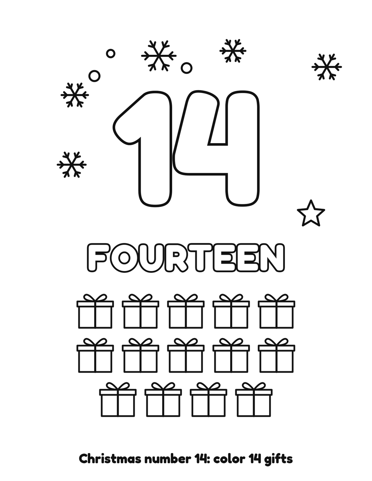 Christmas number 14 (fourteen) coloring page with 14 gifts and snowflakes to color