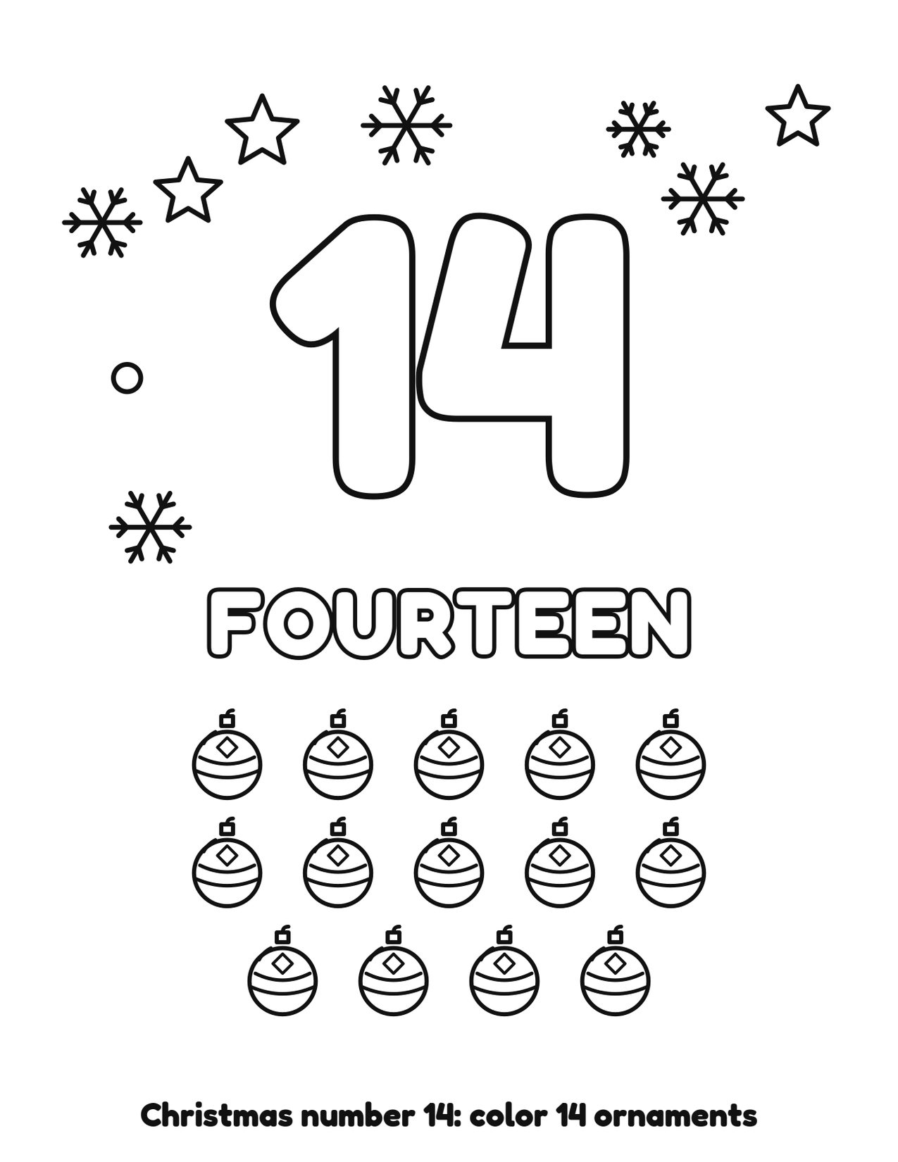 Christmas number 14 (fourteen) coloring page with 14 ornaments and snowflakes to color