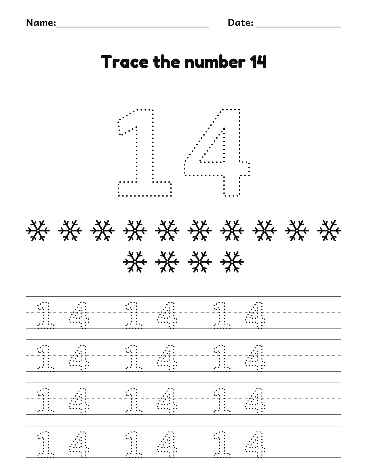 Christmas number 14 (fourteen) tracing worksheet with 14 snowflakes and writing lines