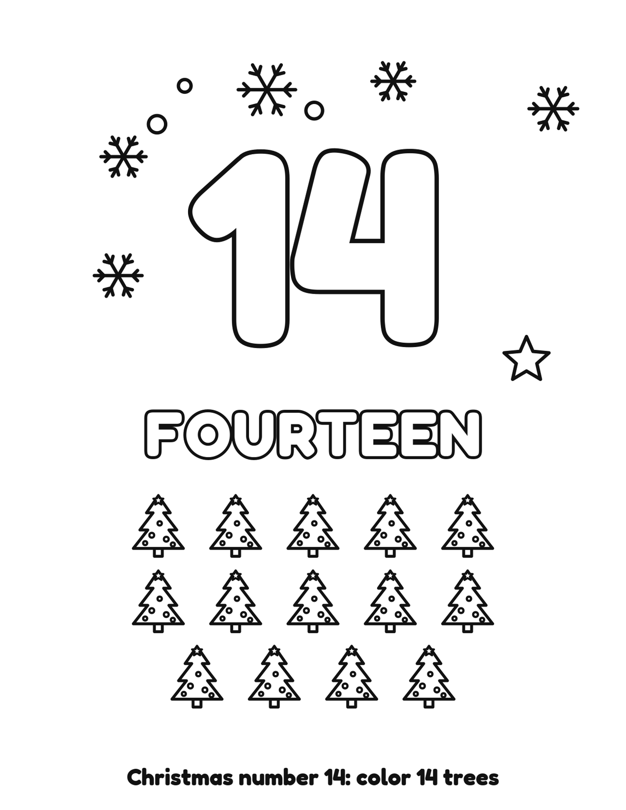 Christmas number 14 (fourteen) coloring page with 14 trees and snowflakes to color
