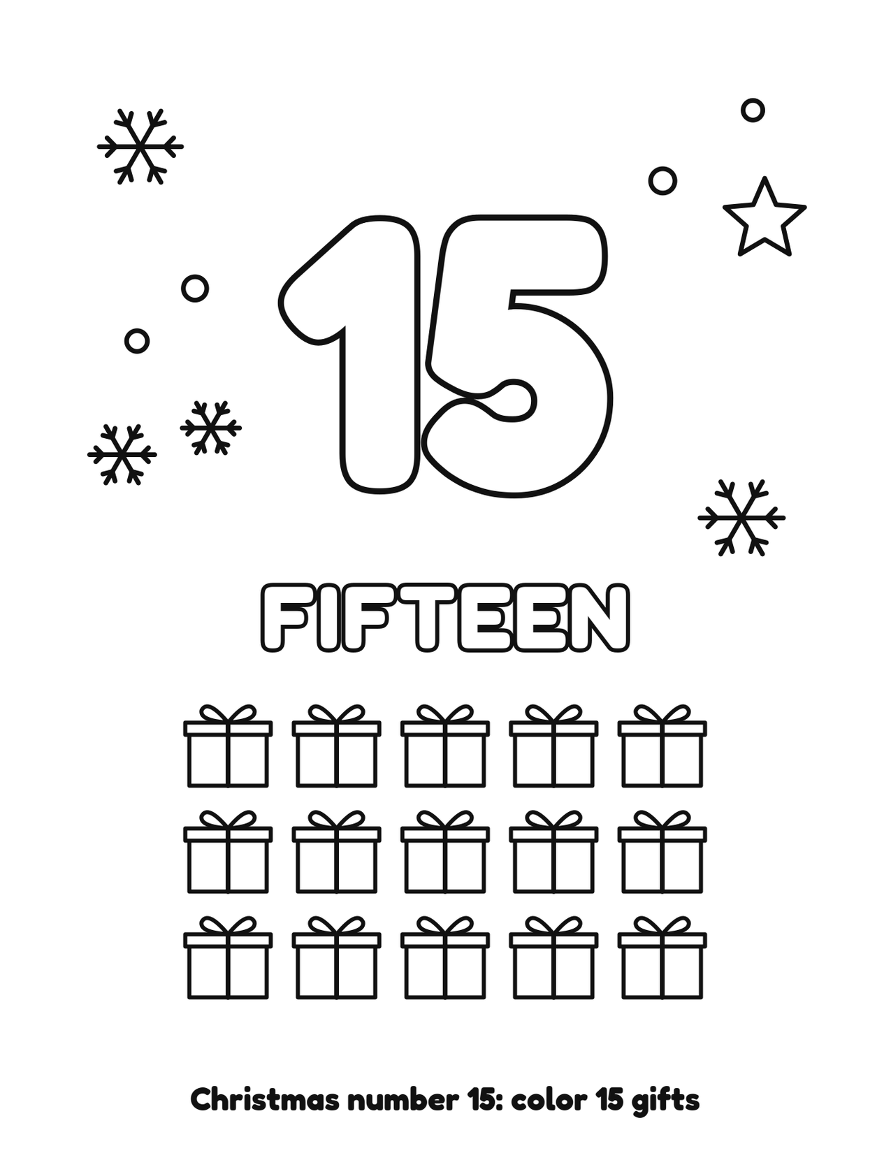 Christmas number 15 (fifteen) coloring page with 15 gifts and snowflakes to color