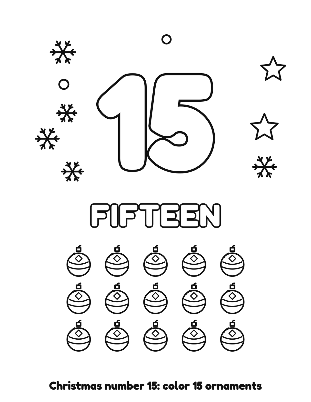 Christmas number 15 (fifteen) coloring page with 15 ornaments and snowflakes to color