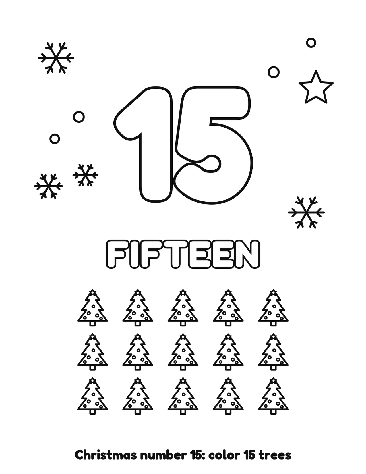 Christmas number 15 (fifteen) coloring page with 15 trees and snowflakes to color
