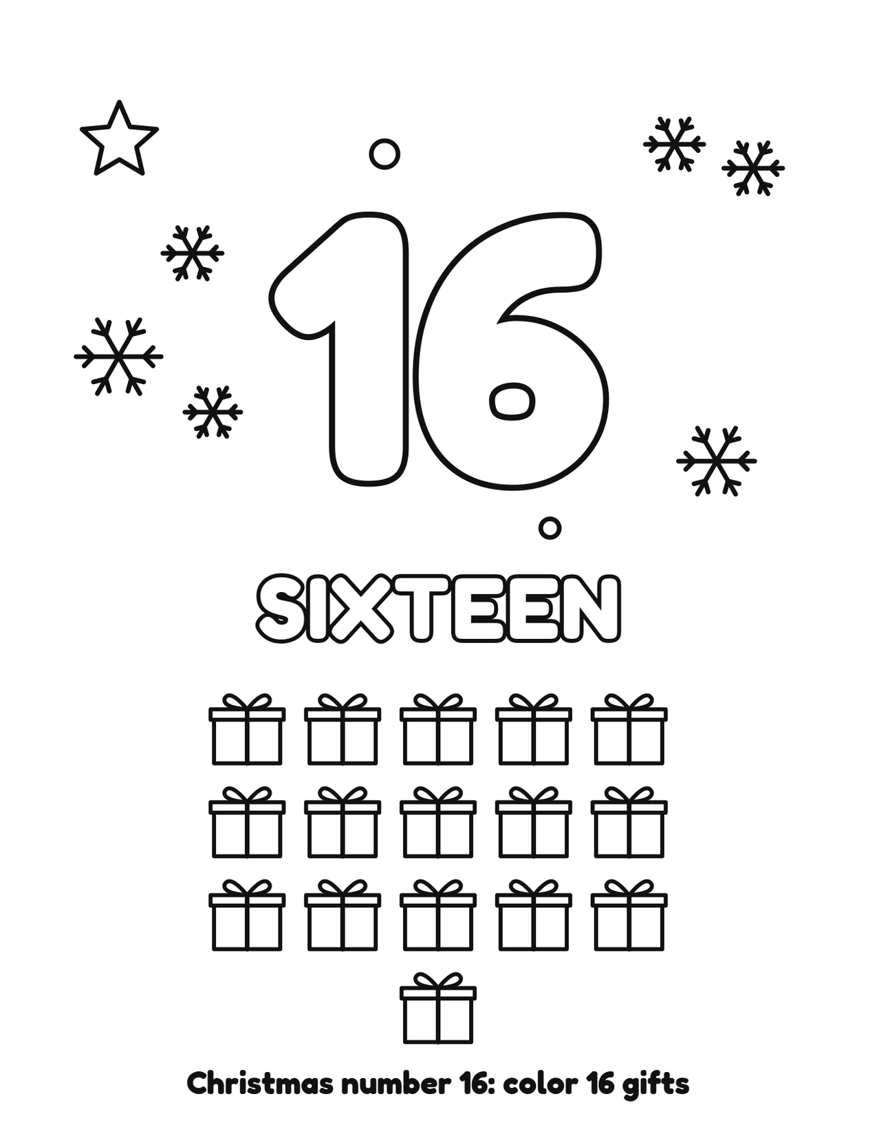 Christmas number 16 (sixteen) coloring page with 16 gifts and snowflakes to color