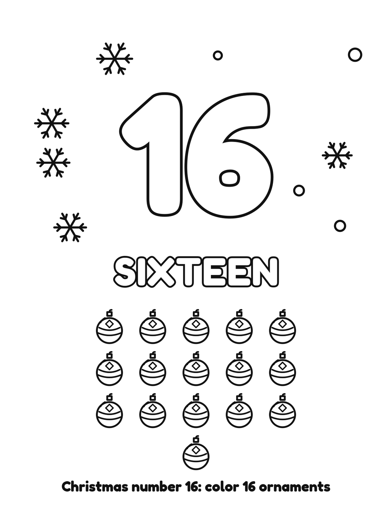 Christmas number 16 (sixteen) coloring page with 16 ornaments and snowflakes to color
