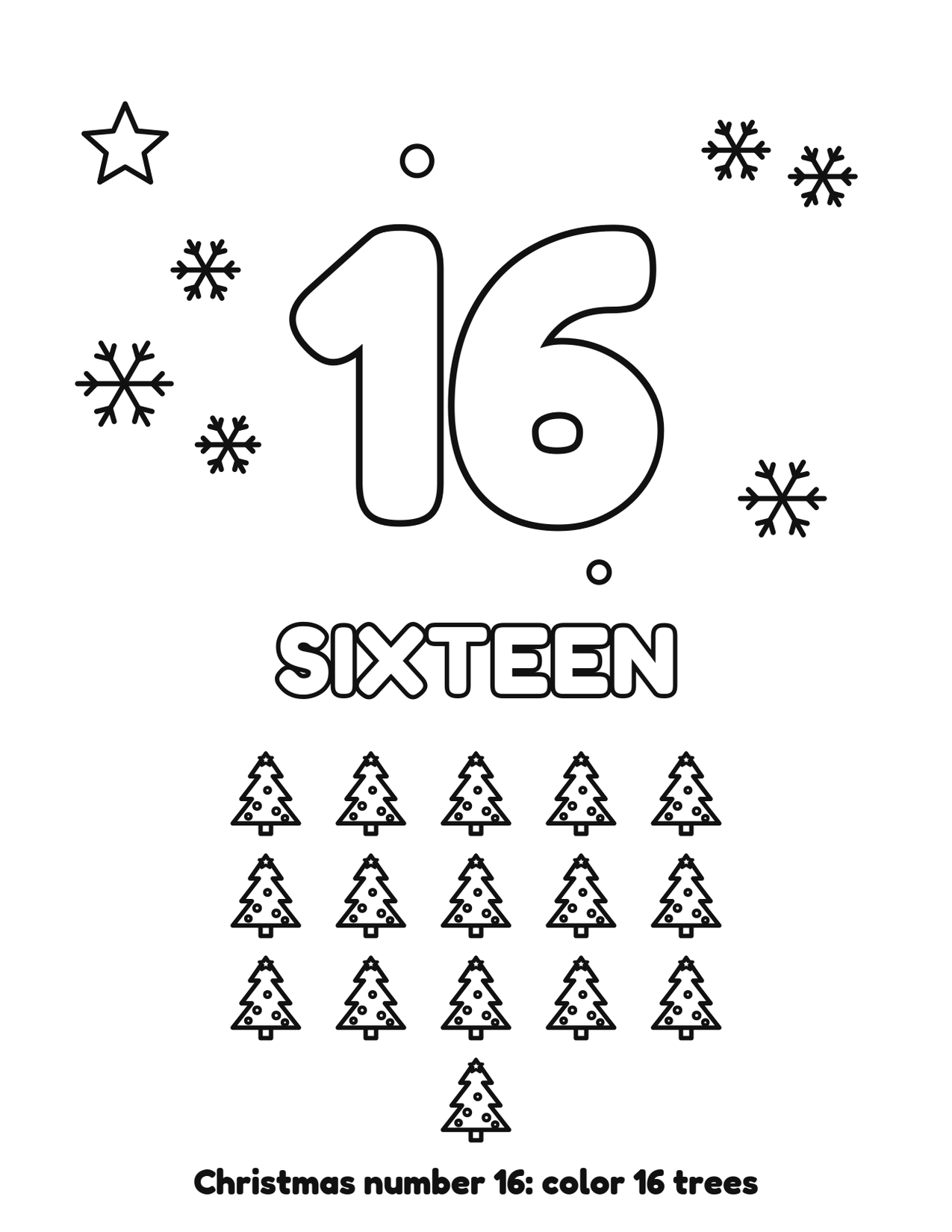 Christmas number 16 (sixteen) coloring page with 16 trees and snowflakes to color