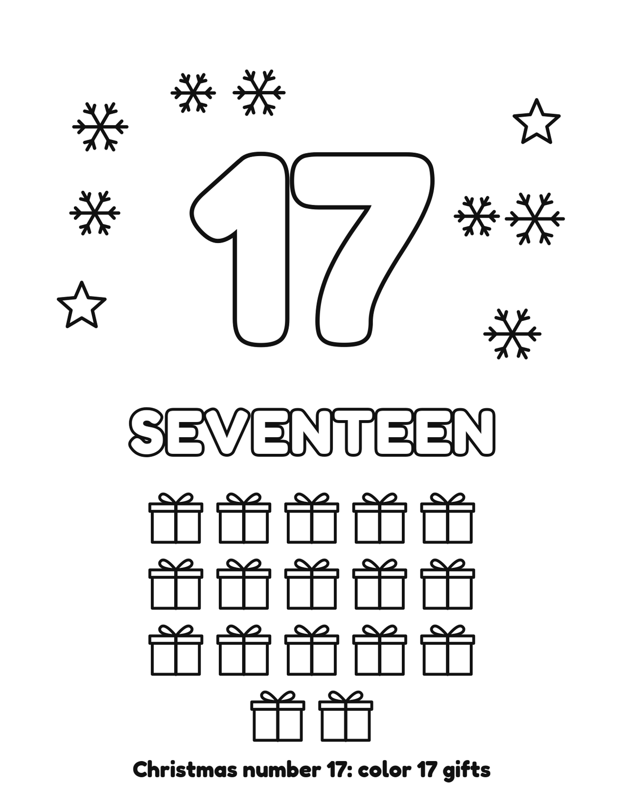 Christmas number 17 (seventeen) coloring page with 17 gifts and snowflakes to color