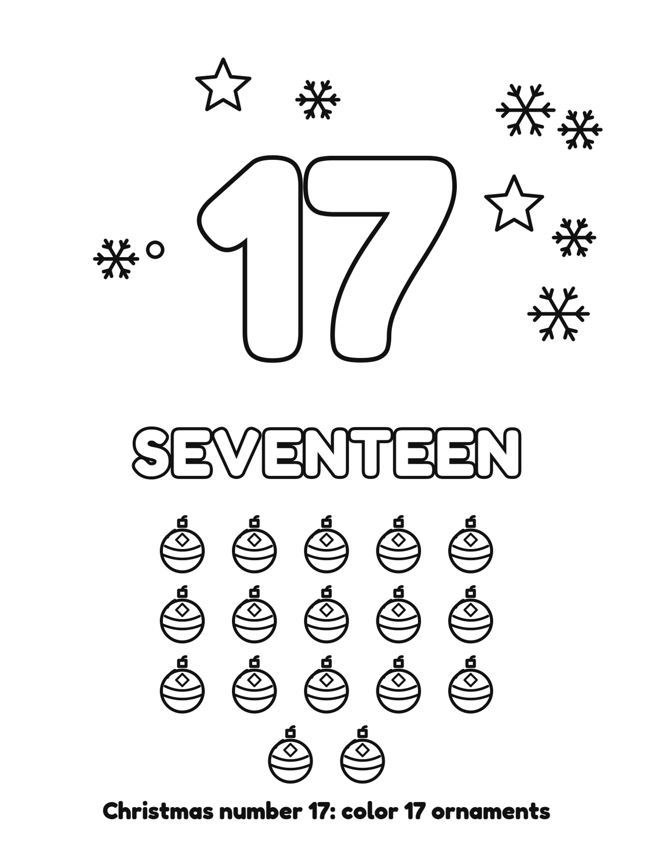 Christmas number 17 (seventeen) coloring page with 17 ornaments and snowflakes to color