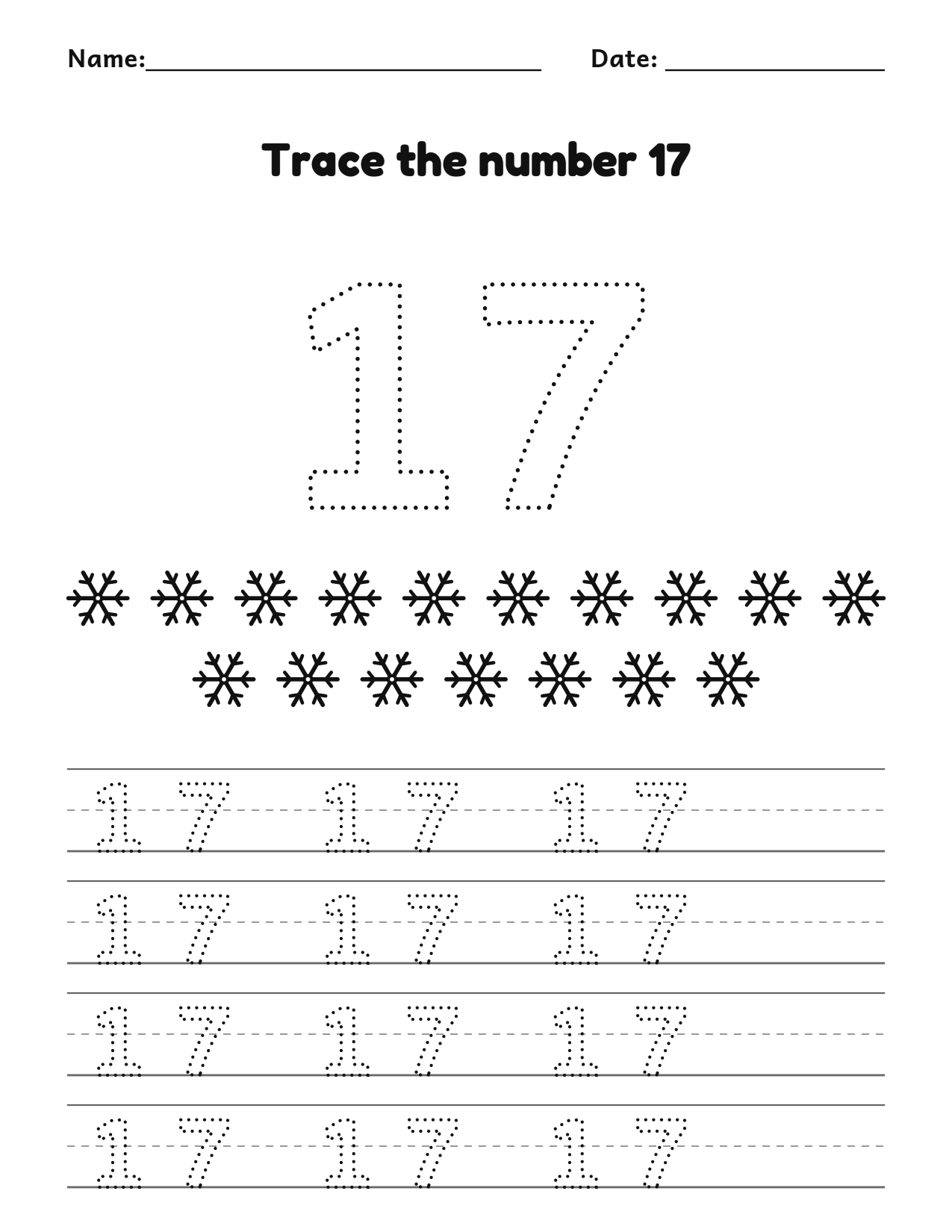 Christmas number 17 (seventeen) tracing worksheet with 17 snowflakes and writing lines