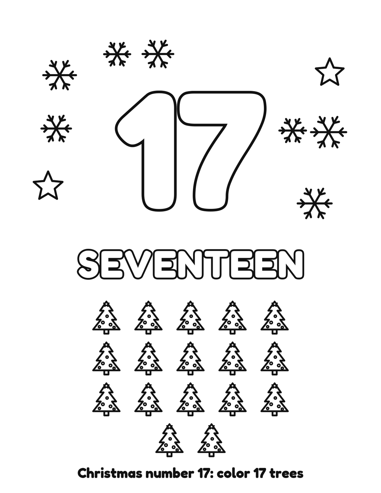 Christmas number 17 (seventeen) coloring page with 17 trees and snowflakes to color