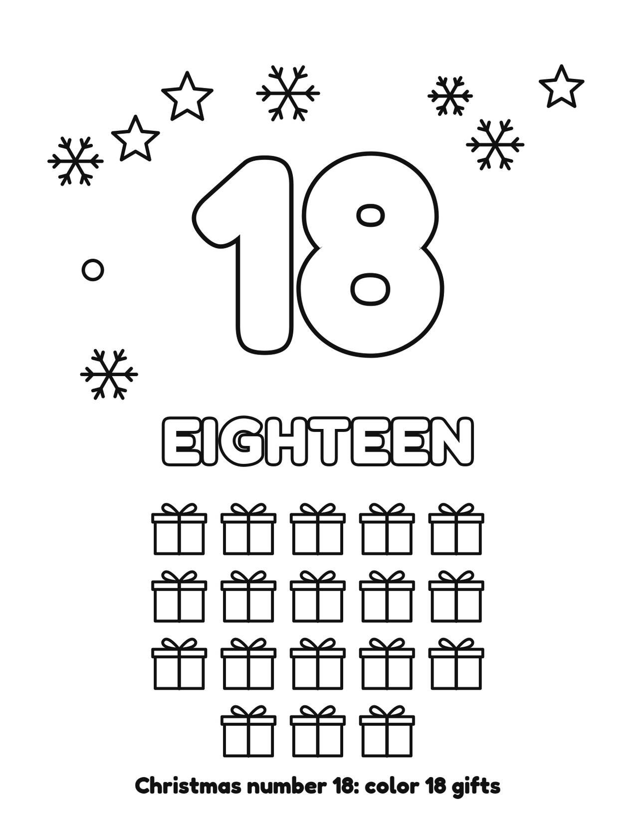 Christmas number 18 (eighteen) coloring page with 18 gifts and snowflakes to color