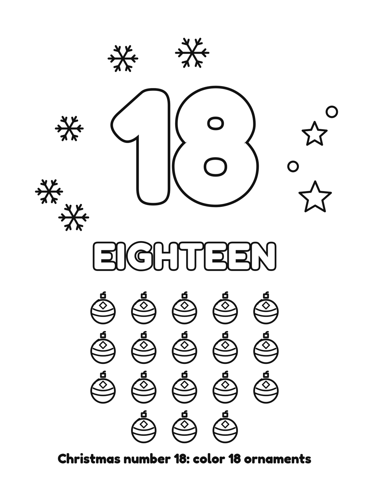Christmas number 18 (eighteen) coloring page with 18 ornaments and snowflakes to color