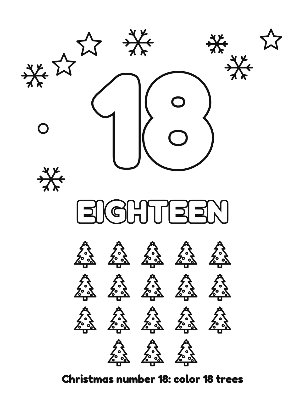 Christmas number 18 (eighteen) coloring page with 18 trees and snowflakes to color