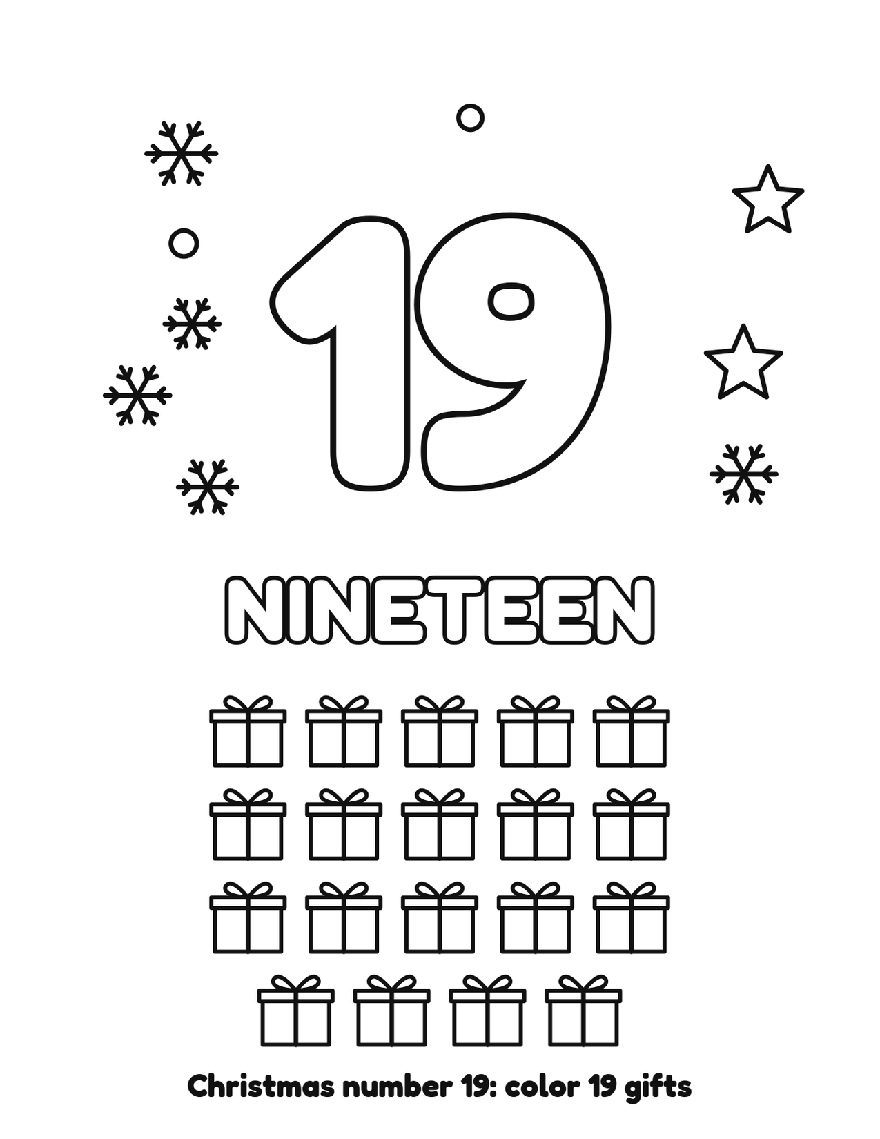 Christmas number 19 (nineteen) coloring page with 19 gifts and snowflakes to color