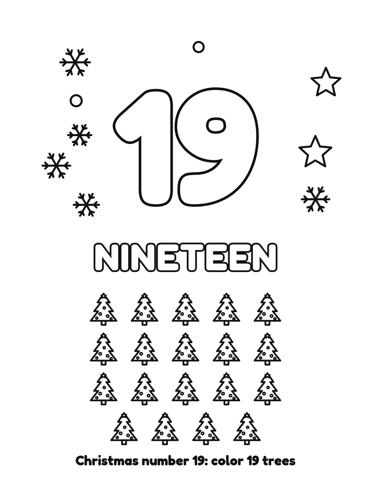 Christmas number 19 (nineteen) coloring page with 19 trees and snowflakes to color